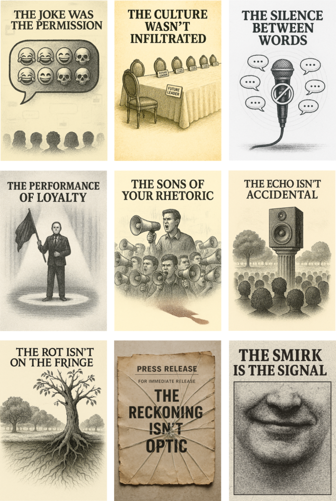 Grouped image grid for "Echoes of Complicity" Page. See individual ALT descriptions below the page image.