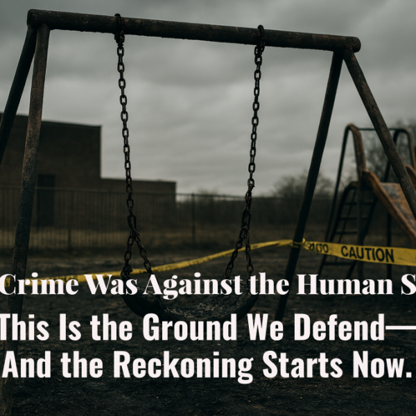 An abandoned playground wrapped in yellow caution tape. The swing set and slide stand unused on dark, muddy ground beneath an overcast sky. A brick building and leafless trees loom in the background, evoking desolation and lost innocence.