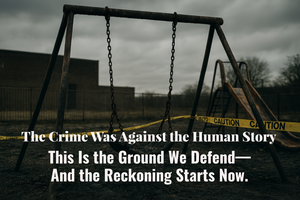 An abandoned playground wrapped in yellow caution tape. The swing set and slide stand unused on dark, muddy ground beneath an overcast sky. A brick building and leafless trees loom in the background, evoking desolation and lost innocence.