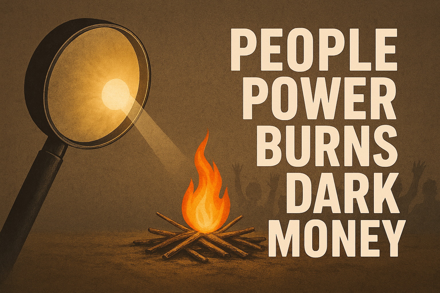 Magnifying glass focusing sunlight into a small flame on kindling, cracked concrete backdrop. • Accessibility Text: Hero image symbolizing collective ignition of citizen action against dark money.