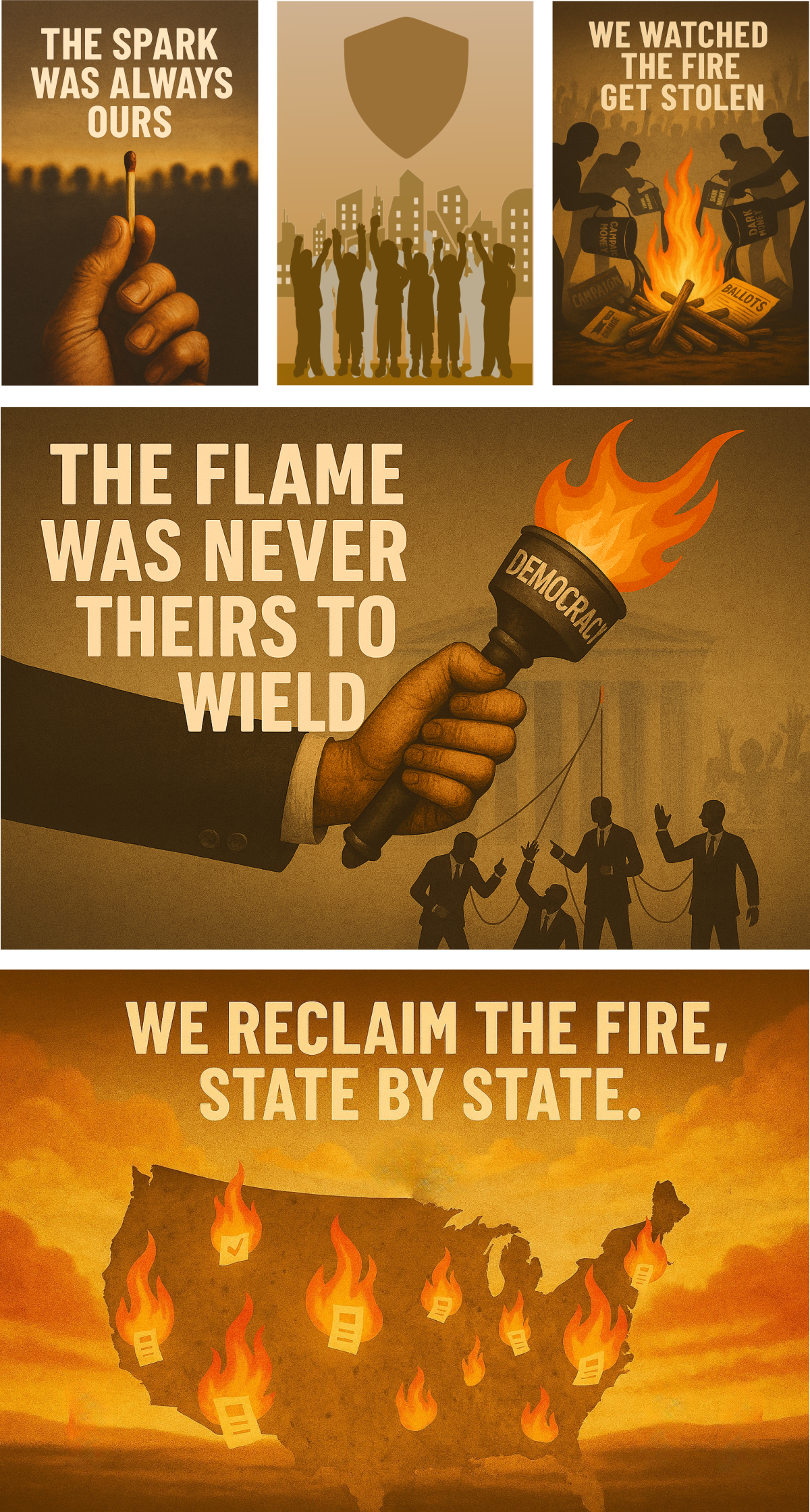 Grouped image grid for the Spark to Flame. End Citizens United Series Page. See individual ALT descriptions below the page image.