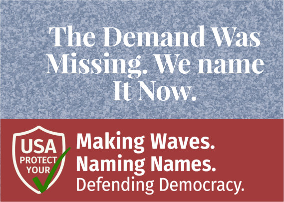 Slate Blue cracked concrete background with shield icon and white text: “The Demand Was Missing. We Name It Now.” Banner reads: “USA PROTECT YOUR” with green check mark. Adjacent text: “Making Waves. Naming Names. Defending Democracy.” Accessibility Text: Affirms civic identity and democratic stance.