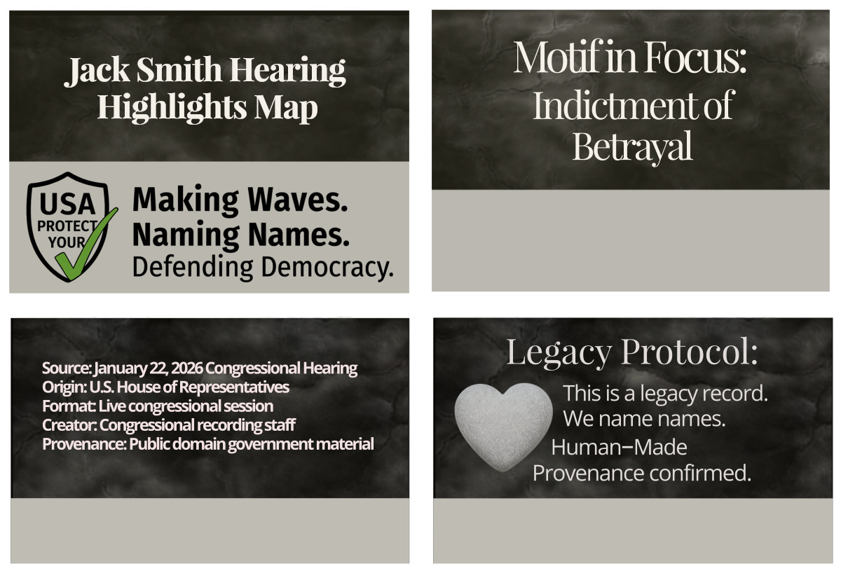 Footer grid containing four quadrants: Civic Page Title, Motif in Focus, Source Attribution, and Legacy Protocol. Decorative image representing the Indictment of Betrayal motif.