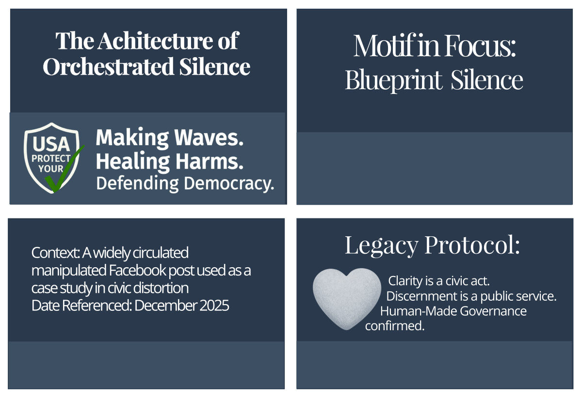 Footer grid containing four quadrants: Civic Page Title, Motif in Focus, Source Attribution, and Legacy Protocol. Decorative image representing the Blueprint Silence motif.