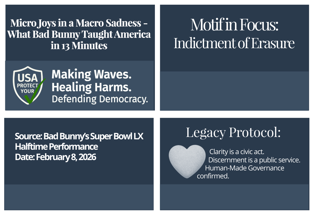 Footer grid containing four quadrants: Civic Page Title, Motif in Focus, Source Attribution, and Legacy Protocol. Decorative image representing the Indictment of Erasure motif.