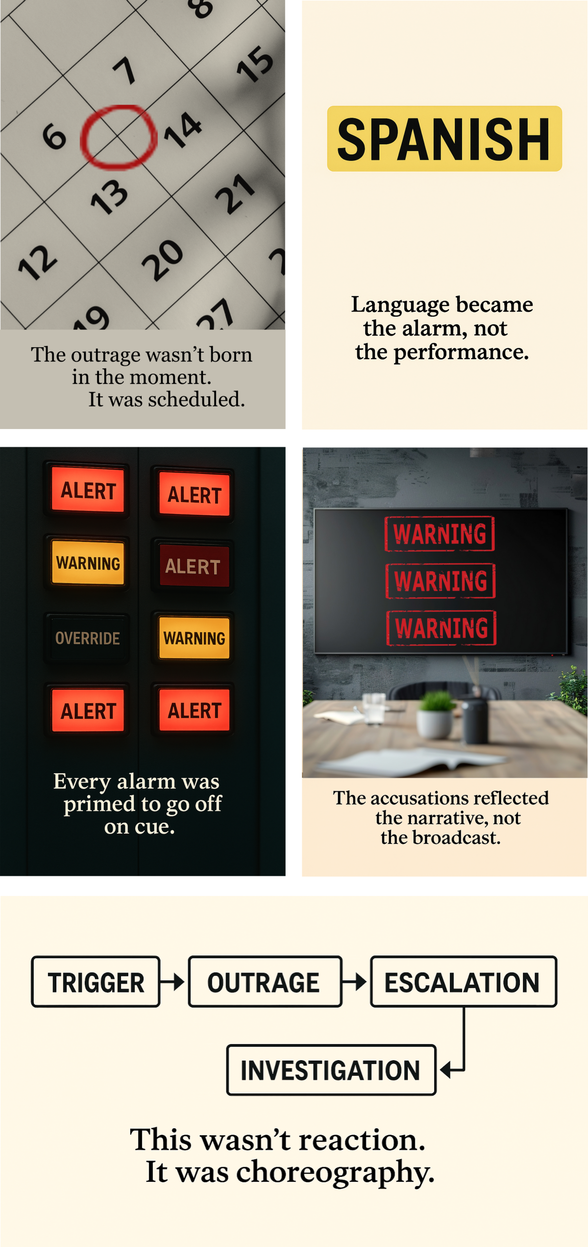 A five‑panel civic image grid illustrating how outrage is manufactured and choreographed. Panel 1 shows a clean calendar page with a red circle drawn between two dates, symbolizing pre‑planned outrage rather than spontaneous reaction. Panel 2 displays the word “SPANISH” highlighted like a flagged keyword, representing how language itself was framed as the alarm. Panel 3 features a vertical control panel with blinking indicators labeled ALERT, WARNING, and OVERRIDE, suggesting a system primed for activation. Panel 4 shows a blank television screen overlaid with exaggerated WARNING graphics, emphasizing projection rather than evidence. Panel 5 presents a simple flowchart reading Trigger → Outrage → Escalation → Investigation, with a loop returning to the start, revealing the pattern as deliberate choreography rather than genuine response.