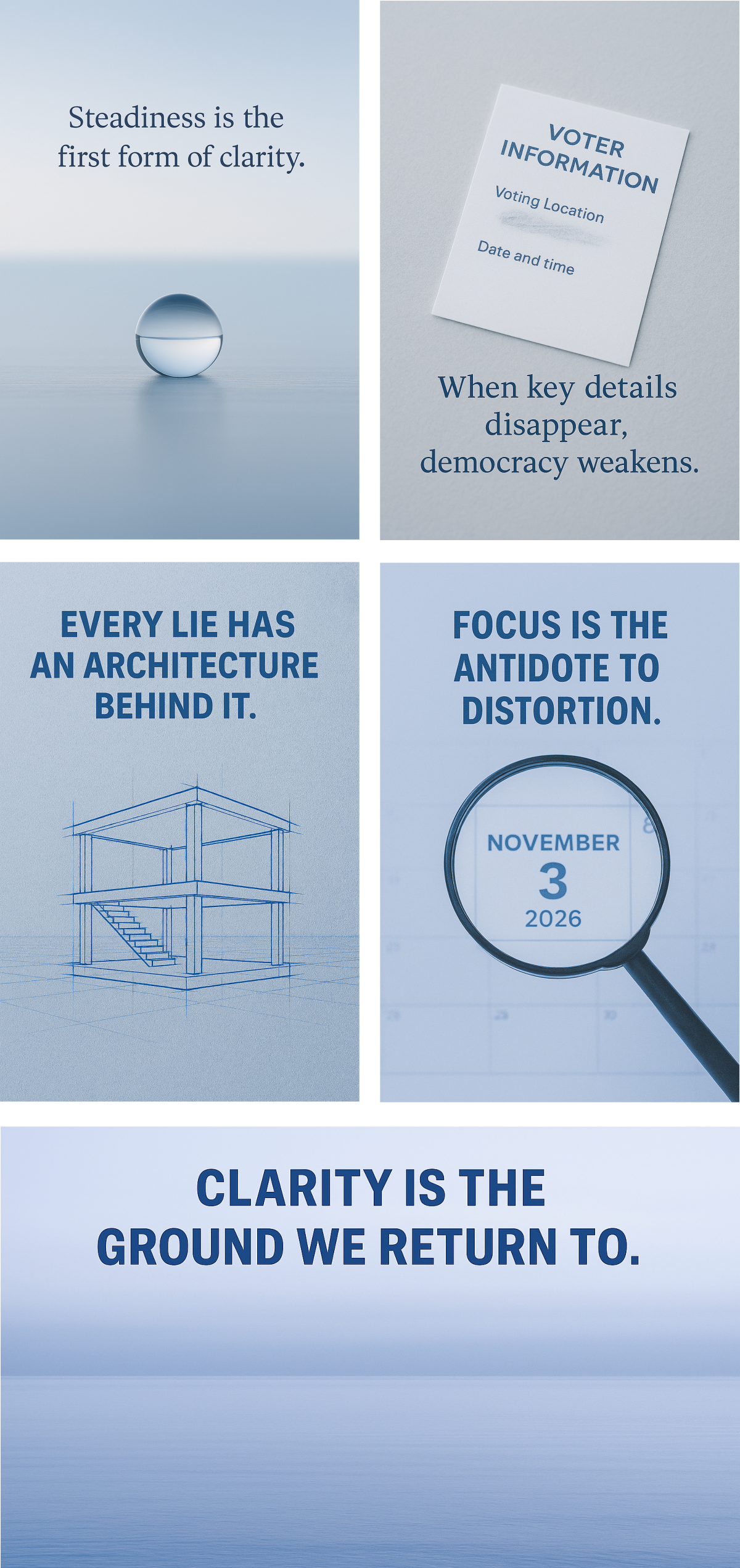 Five panel image grid illustrating the process of seeing through distortion, moving from steadiness to restored clarity. The panels depict a clear sphere on a calm horizon, blurred voter information signaling democratic erosion, blueprint blue structural lines revealing hidden architecture, a magnified election date emphasizing discernment, and a crisp ocean horizon representing the return of clarity once the noise recedes.