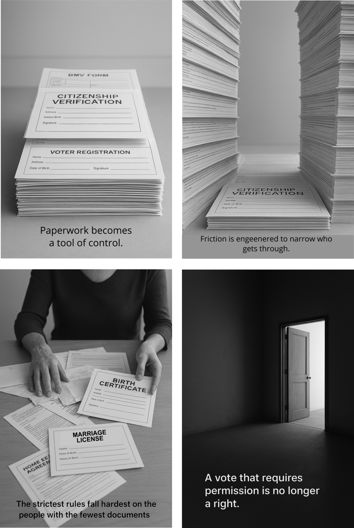 Four‑panel image grid illustrating bureaucratic barriers to voting: stacks of official forms, a narrow passage formed by paperwork, a person sorting identity documents, and a dark room with a single lit doorway.