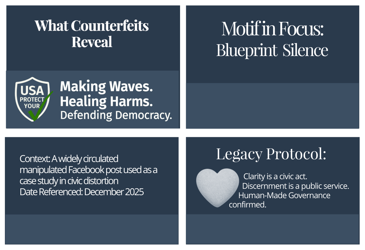 Footer grid containing four quadrants: Civic Page Title, Motif in Focus, Source Attribution, and Legacy Protocol. Decorative image representing the Blueprint Silence motif.