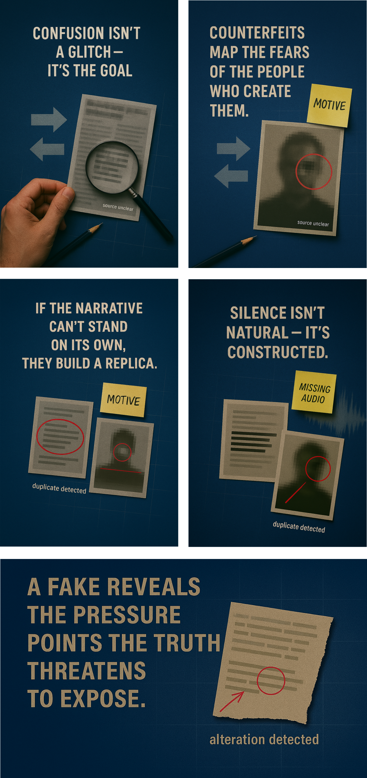 Five panel image grid showing forensic style visuals of documents, magnifying tools, and labeled evidence markers illustrating how manipulated images reveal motive, distortion, and missing information.