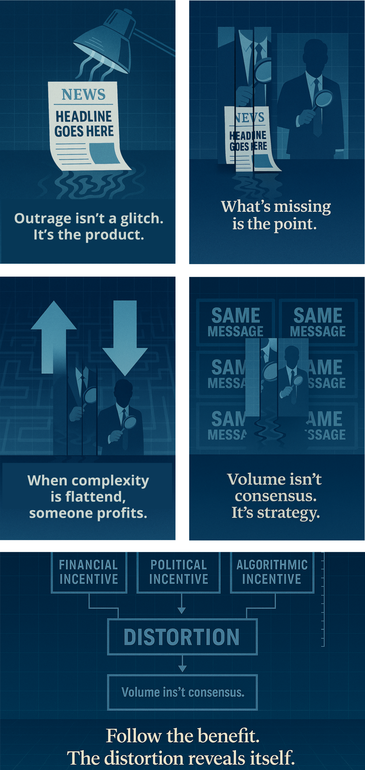 Five panel image grid depicting modern information distortion through blurred newsrooms, rapid social media scrolls, duplicated rally crowds, conflicting digital billboards, and a smudged newspaper front page. Each panel represents a different mechanism of manufactured reality, emphasizing emotional manipulation, spectacle, contradiction, and the erosion of trust in traditional sources.