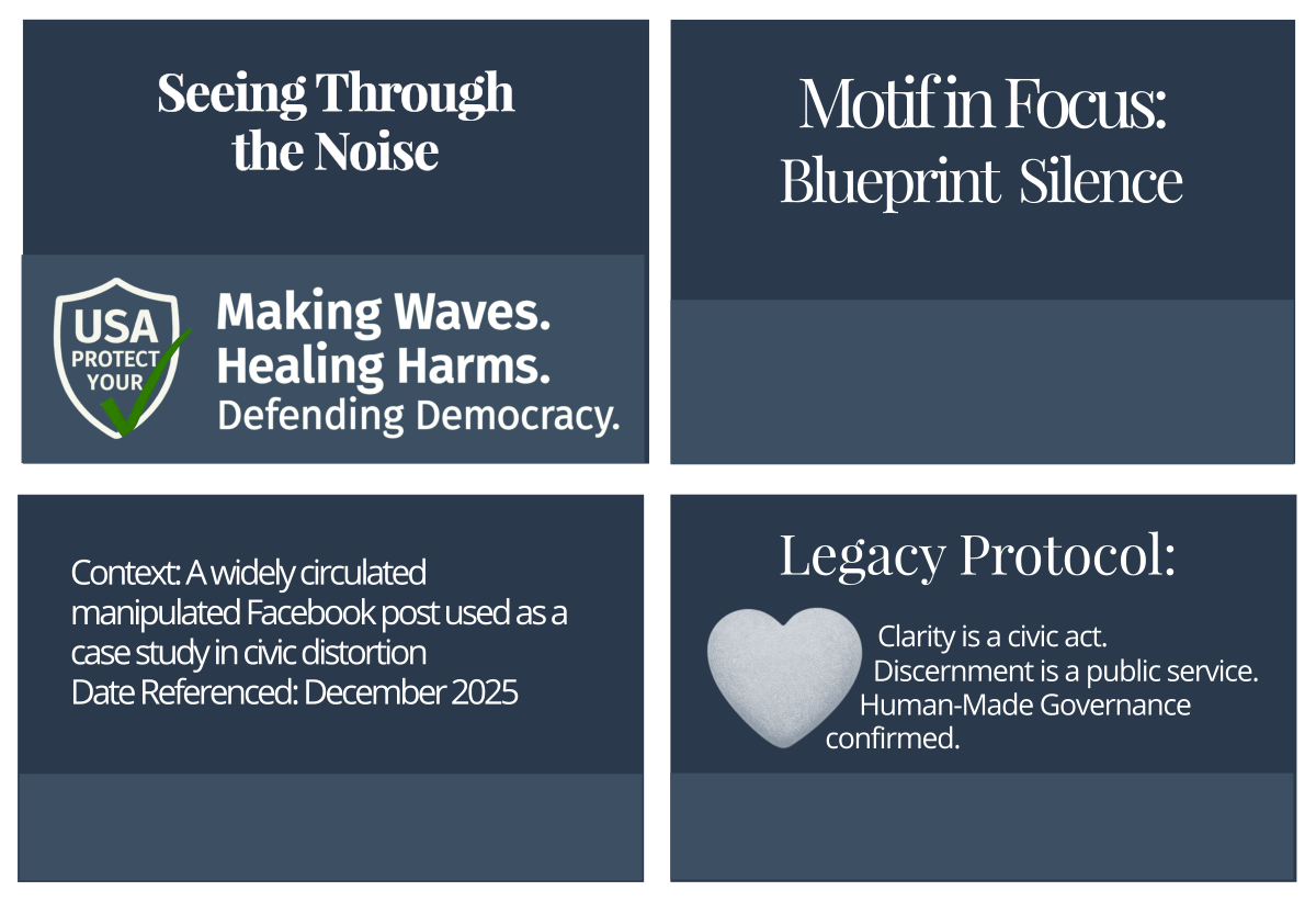 Footer grid containing four quadrants: Civic Page Title, Motif in Focus, Source Attribution, and Legacy Protocol. Decorative image representing the Blueprint Silence motif.