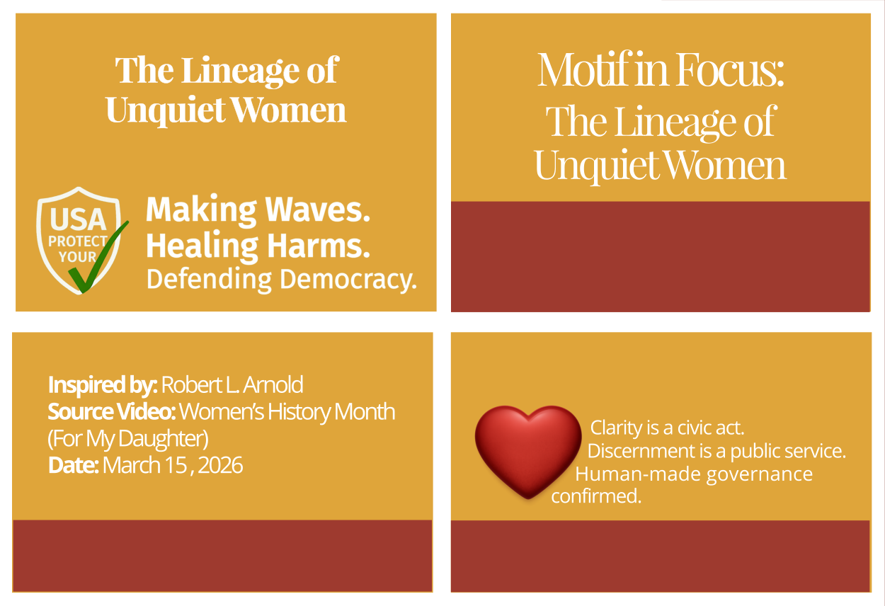 Footer grid containing four quadrants: Civic Page Title, Motif in Focus, Source Attribution, and Legacy Protocol. Decorative image representing The Lineage of Unquiet Women.