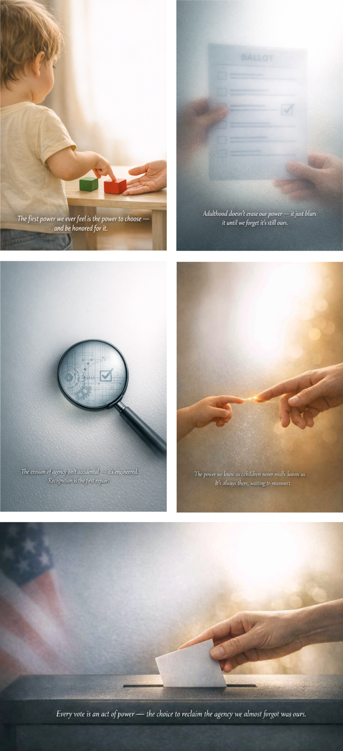 Five‑panel image grid showing: a toddler choosing a red block as an early lesson in agency; a softly blurred ballot form with a marked checkbox symbolizing how adult agency becomes obscured; a magnifying glass revealing the intentional erosion of agency; a child’s hand reaching toward an adult’s hand seeking reconnection; and an adult hand placing a ballot into a voting box, representing the civic expression of the agency first learned in childhood.