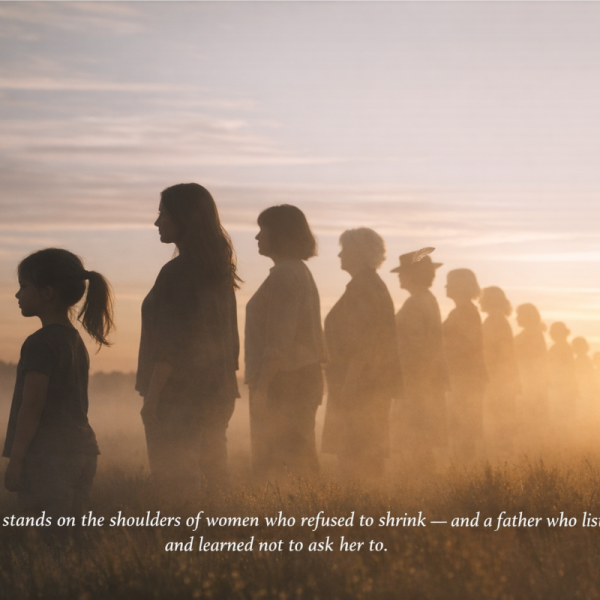 Line of women across generations standing in a misty field at sunrise with a young girl in front beside the text “She stands on the shoulders of women who refused to shrink — and a father who listened and learned not to ask her to.”