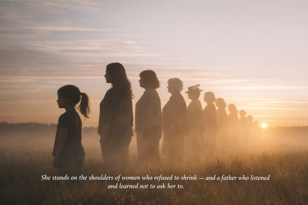 Line of women across generations standing in a misty field at sunrise with a young girl in front beside the text “She stands on the shoulders of women who refused to shrink — and a father who listened and learned not to ask her to.”