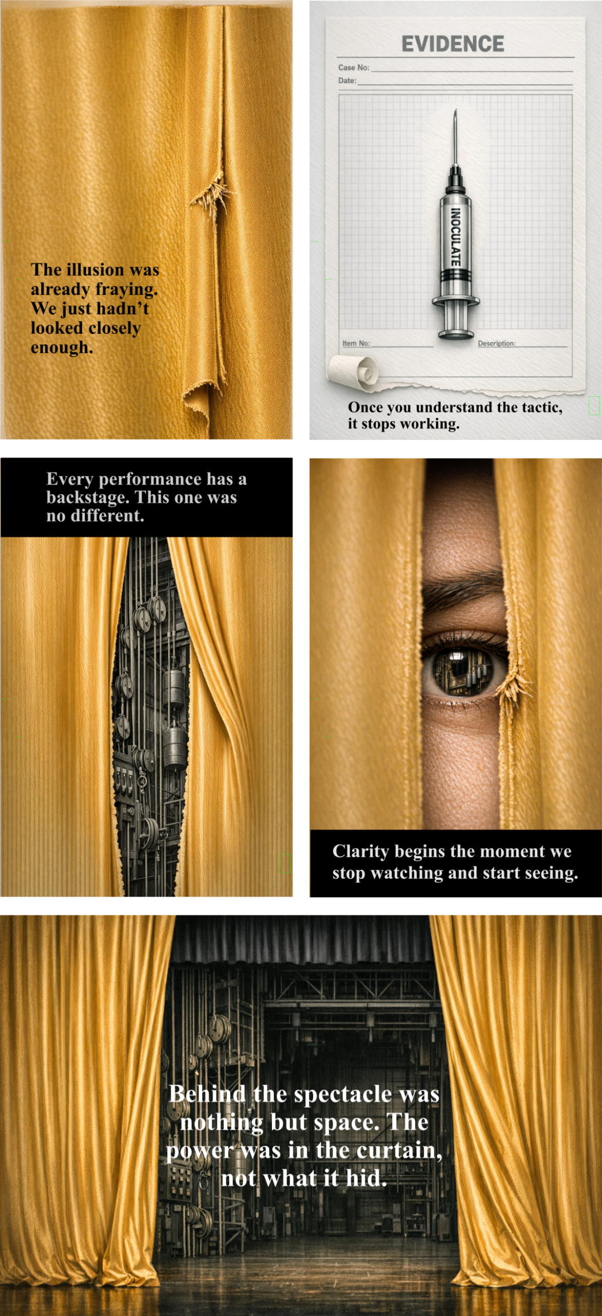 Five‑panel grid using a golden theater‑curtain motif, showing frayed fabric, an inoculation syringe on an evidence sheet, backstage machinery, an eye looking through a curtain tear, and an empty backstage revealed behind an open curtain.