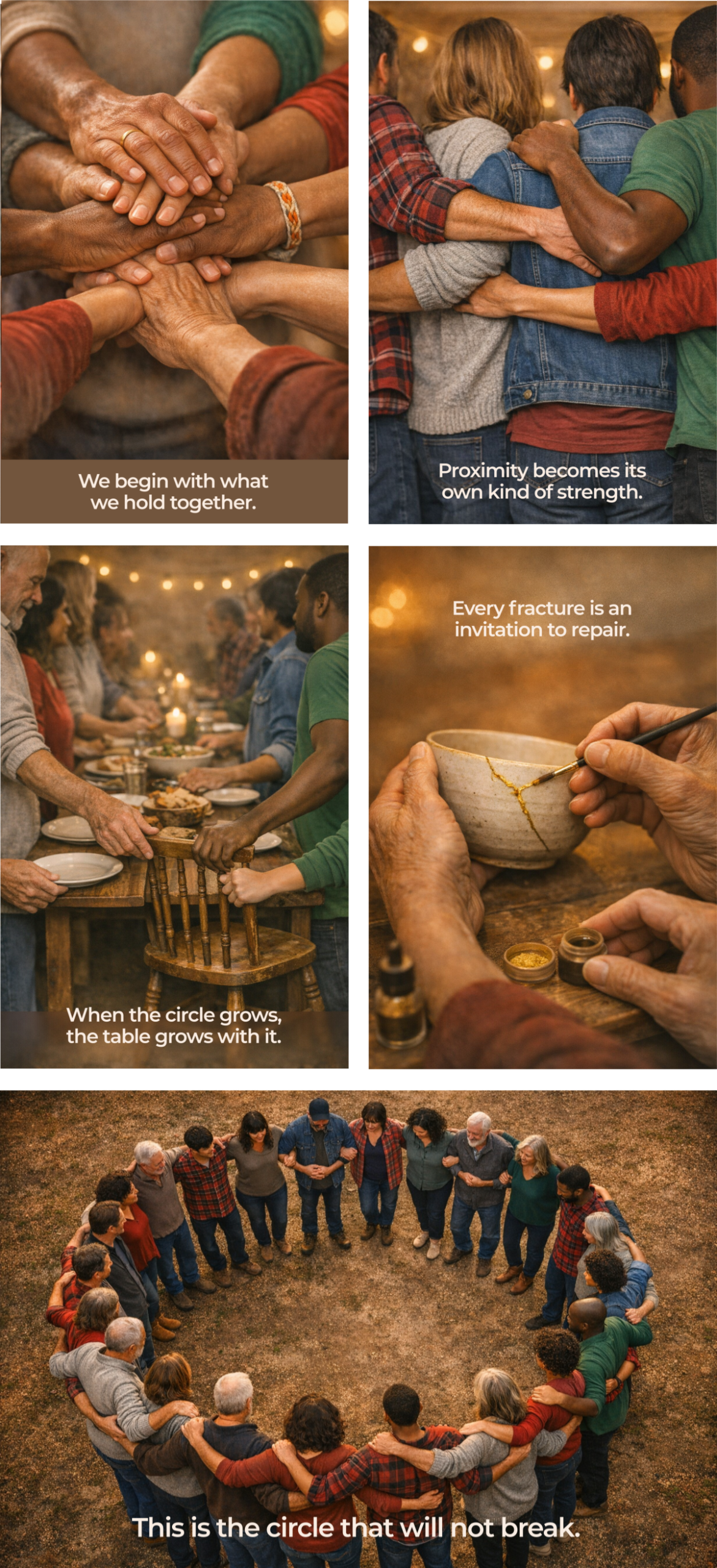 Five panel grid showing hands stacked, a small group standing arm in arm, a shared meal table, a Kintsugi repair scene, and a large outdoor circle of people viewed from above.