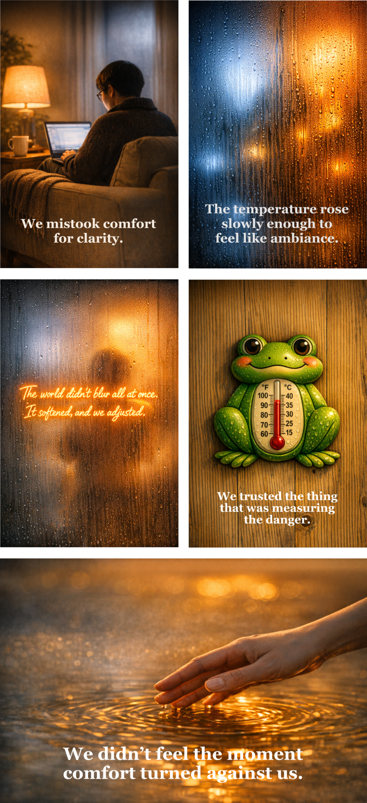 Five-panel image grid illustrating the Fog of the Familiar motif for Part II.
