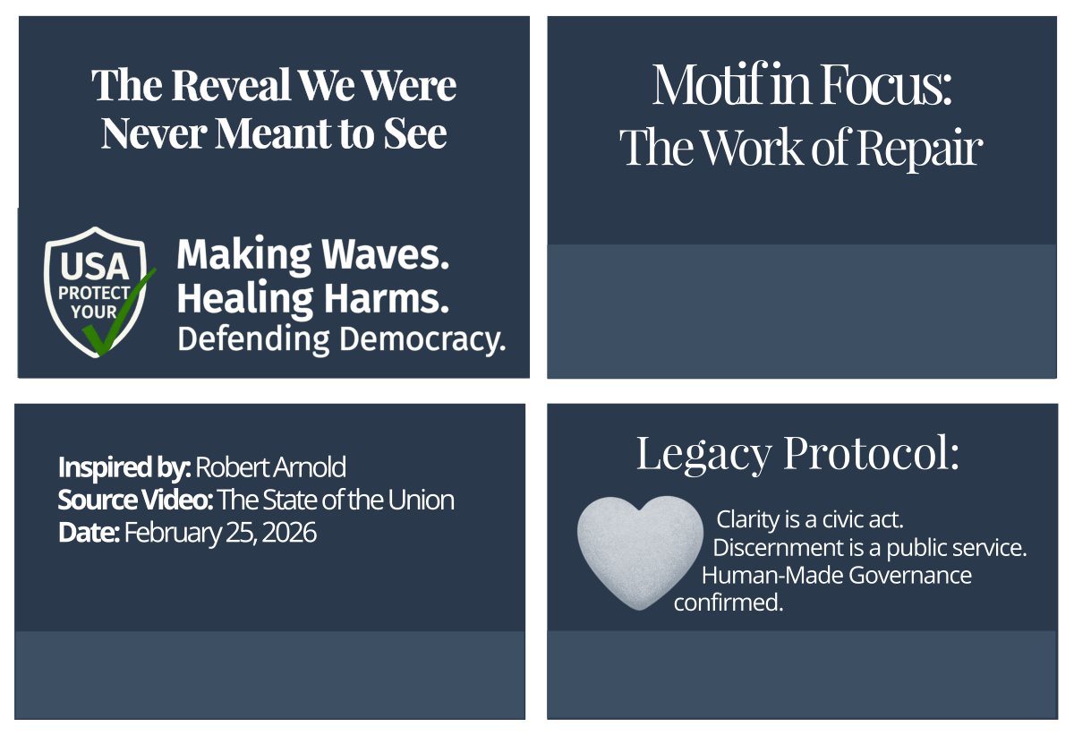 Footer grid containing four quadrants: Civic Page Title, Motif in Focus, Source Attribution, and Legacy Protocol. Decorative image representing The Work of Repair motif.