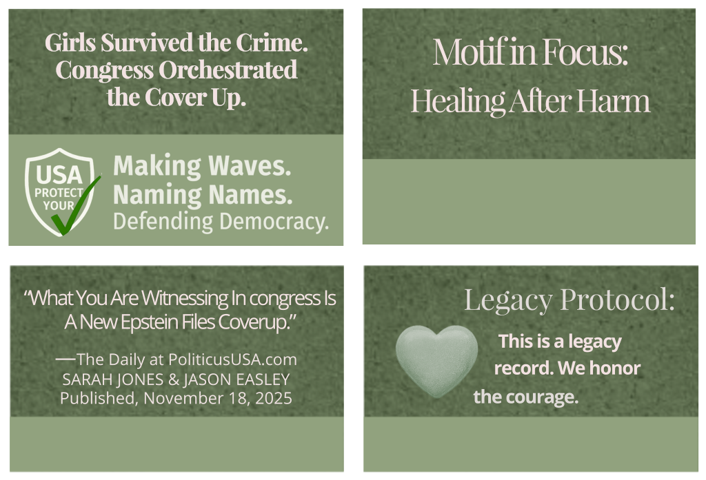 Grouped image grid for the Girls Survived the Crime. Congress Orchestrated the Coverup Series Page. See individual ALT descriptions below the page image.