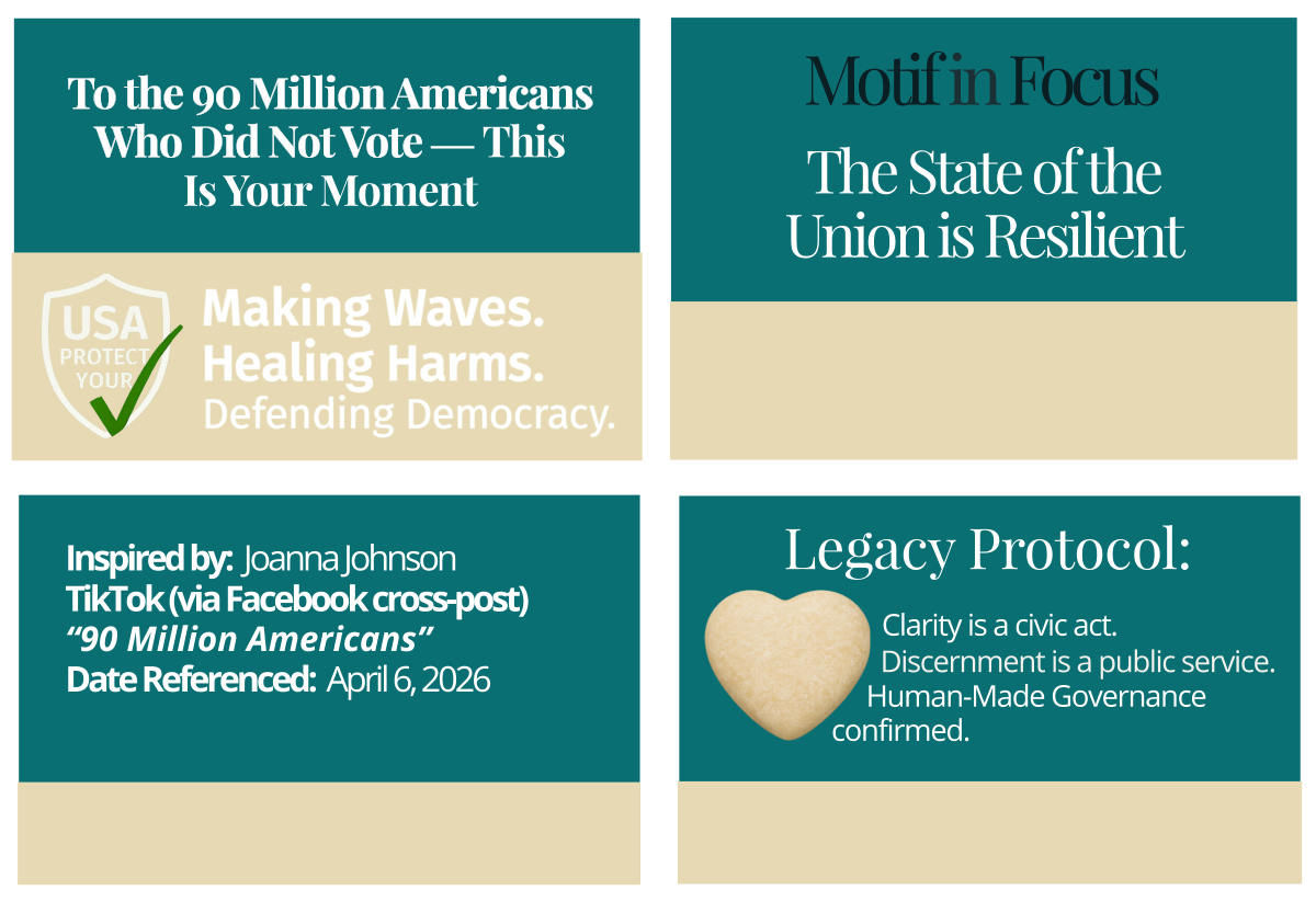 Footer grid containing four quadrants: Civic Page Title, Motif in Focus, Source Attribution, and Legacy Protocol. Decorative image representing The State of the Union is Resilient.