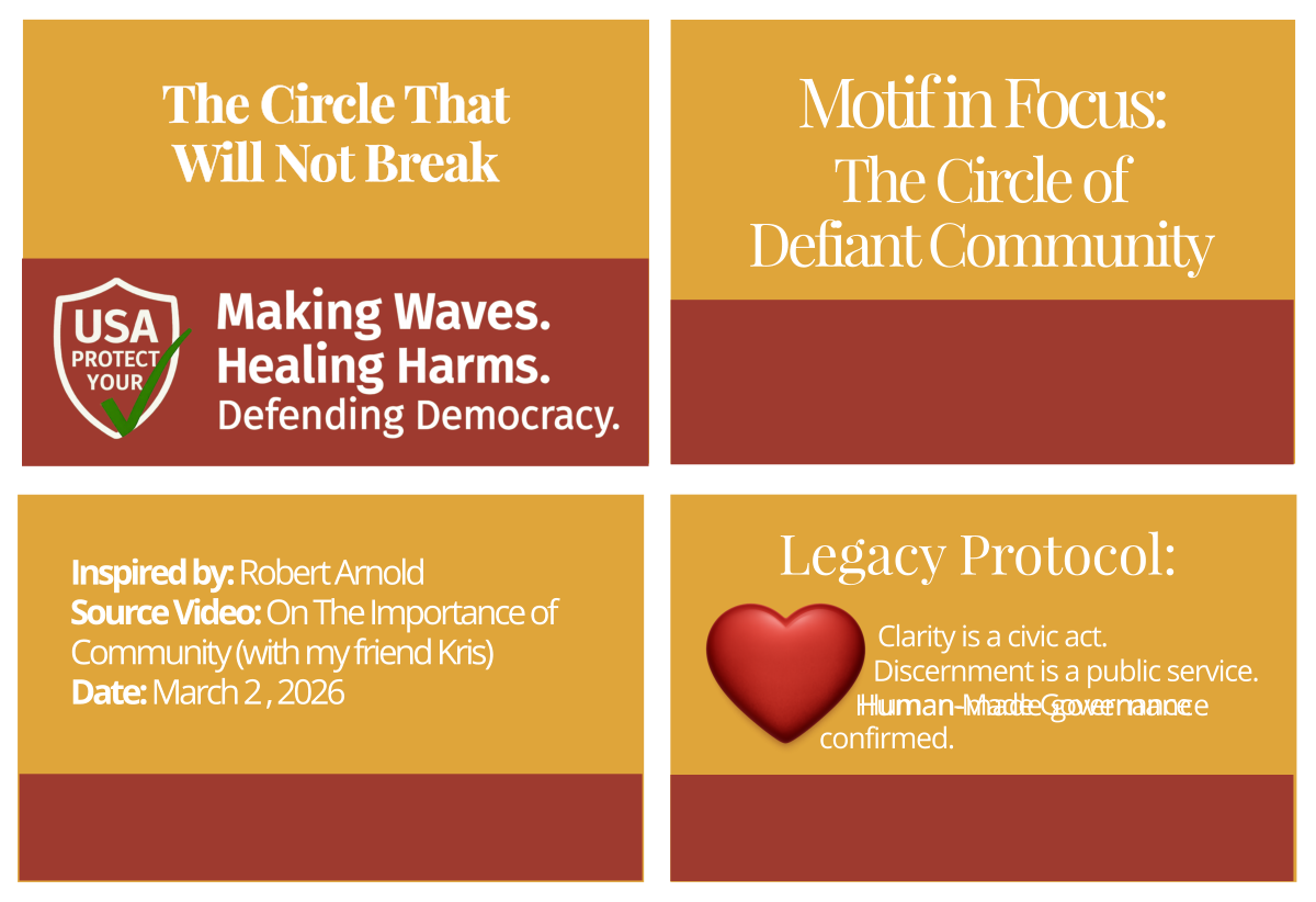 Footer grid containing four quadrants: Civic Page Title, Motif in Focus, Source Attribution, and Legacy Protocol. Decorative image representing The Circle of Defiant Community.