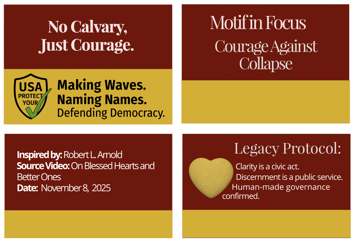 Footer grid containing four quadrants: Civic Page Title, Motif in Focus, Source Attribution, and Legacy Protocol. Decorative image representing Courage Against Collapse.