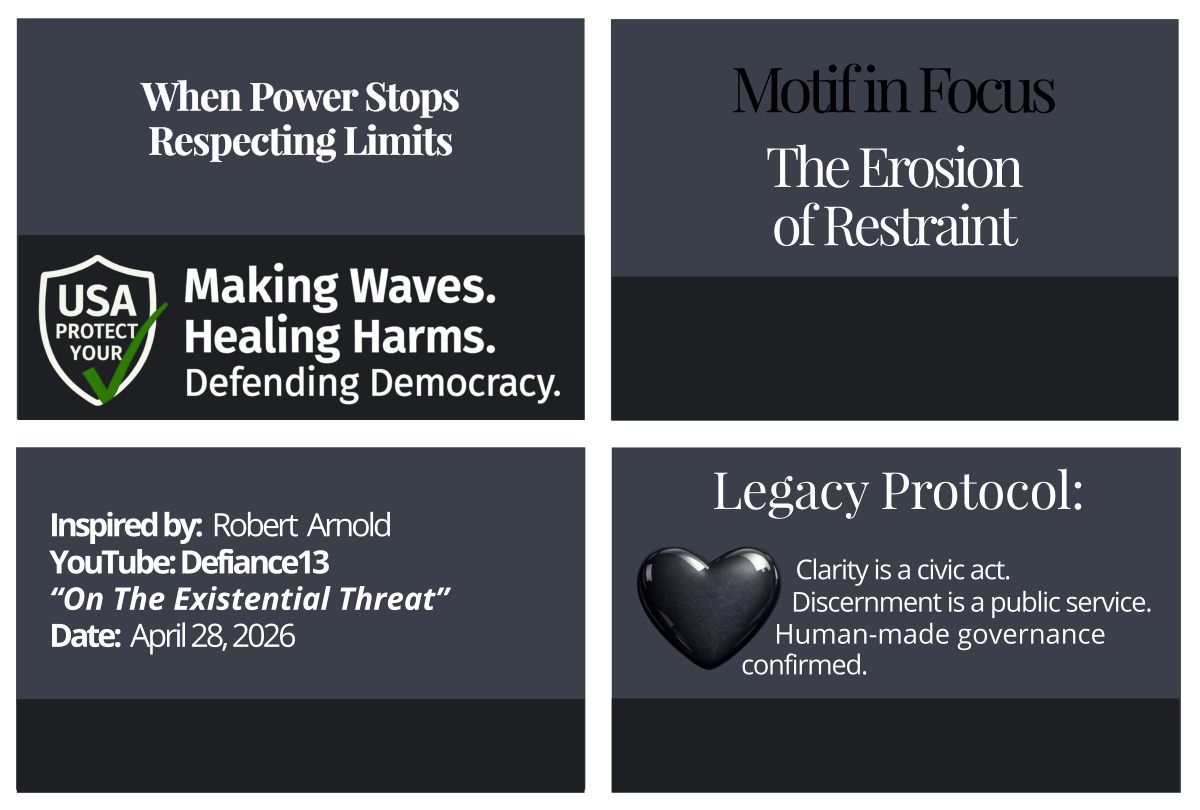 Footer grid containing four quadrants: Civic Page Title, Motif in Focus, Source Attribution, and Legacy Protocol. Decorative image representing The Erosion of Restraint.