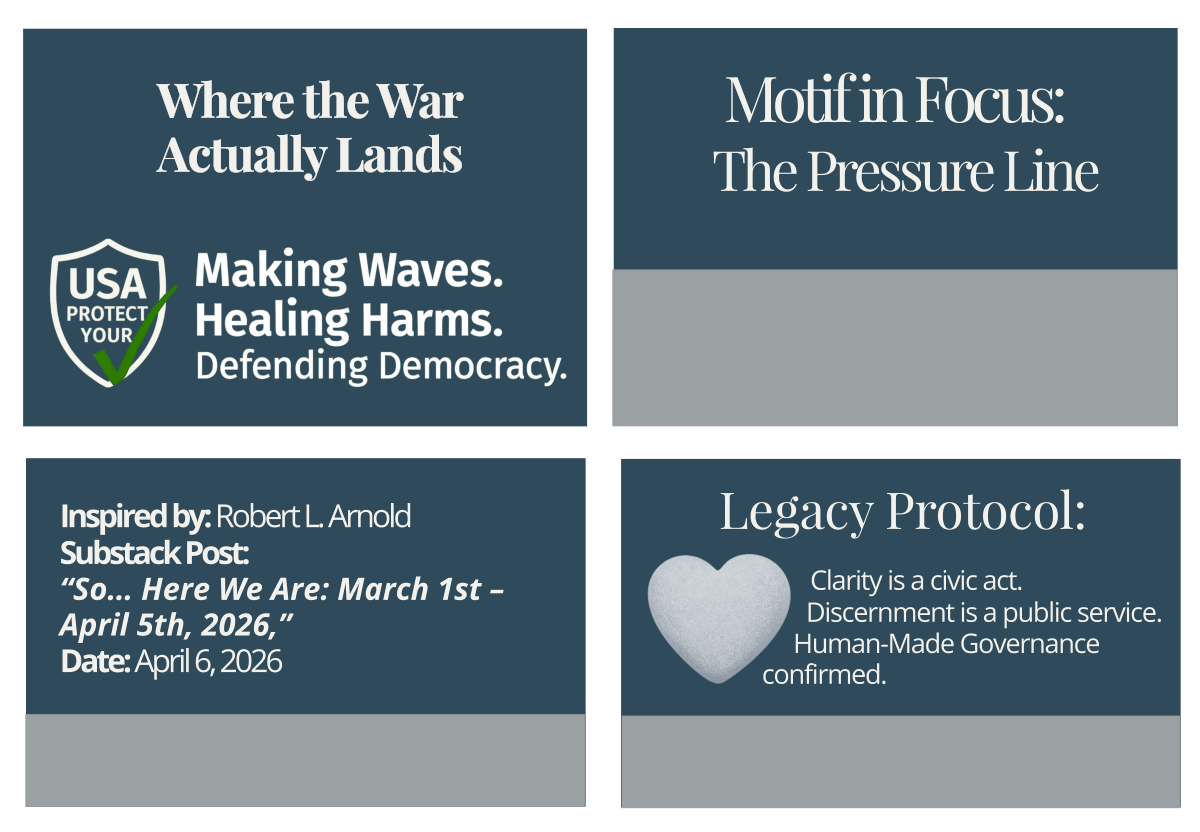 Footer grid containing four quadrants: Civic Page Title, Motif in Focus, Source Attribution, and Legacy Protocol. Decorative image representing The Pressure Line Motif.
