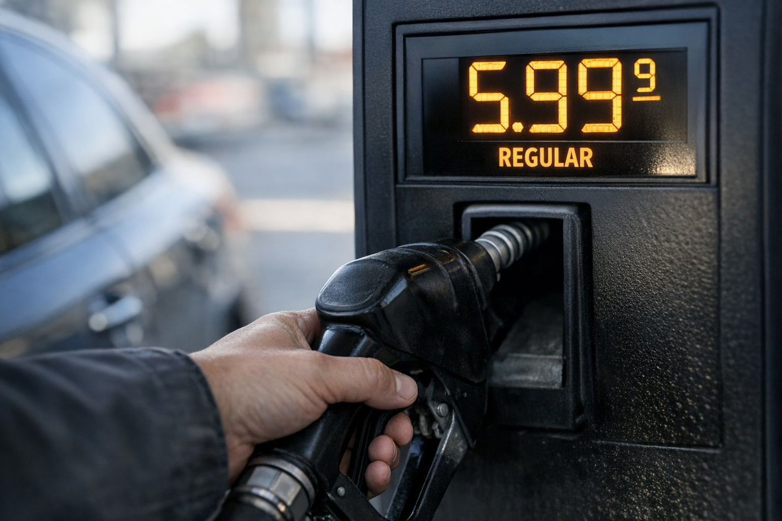 A hand pauses on a gas pump handle as a $5.99 per gallon price glows on the display, capturing the quiet pressure of rising costs.