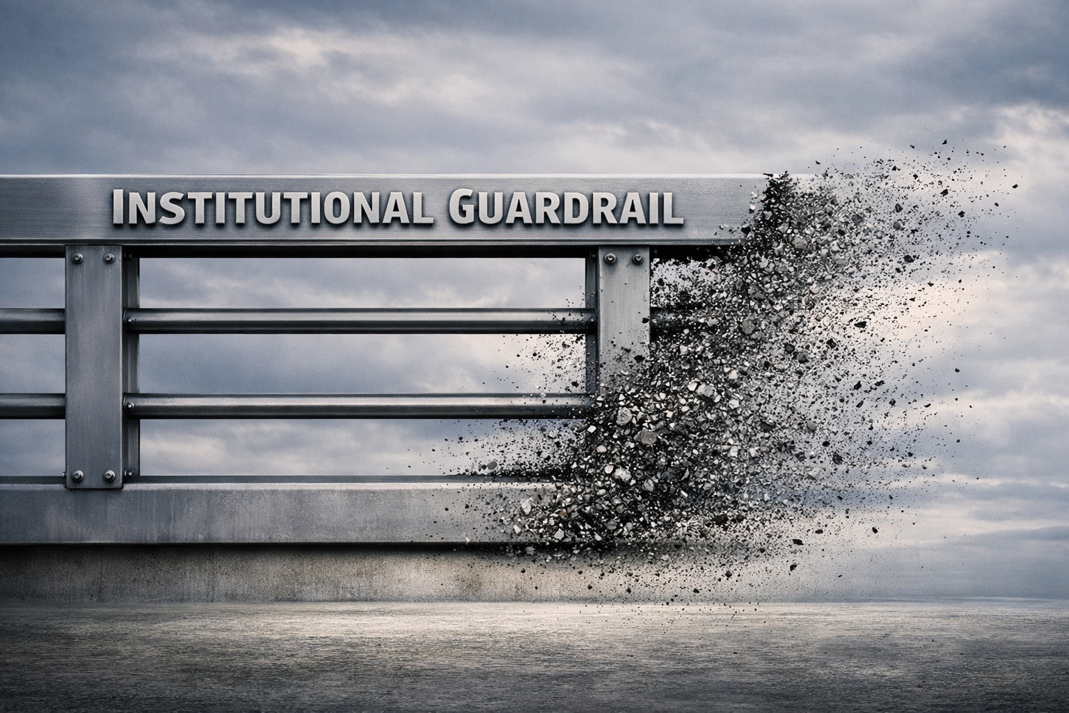 Brushed steel guardrail labeled “INSTITUTIONAL GUARDRAIL” in raised metallic letters across the top rail. The left side stands intact while the right side erodes into fine particles that fade into a cloudy sky, symbolizing the quiet weakening of institutional restraint and the gradual reduction of civic protections.