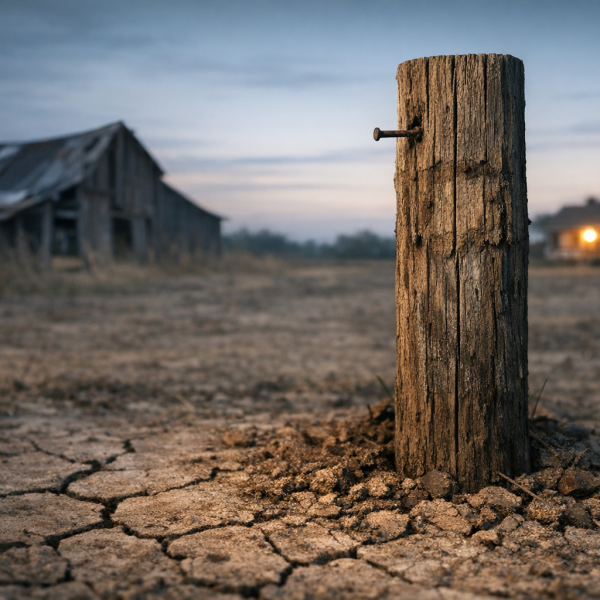 A wooden post standing in cracked soil with a distant porch light and a leaning barn, symbolizing endurance amid structural strain.