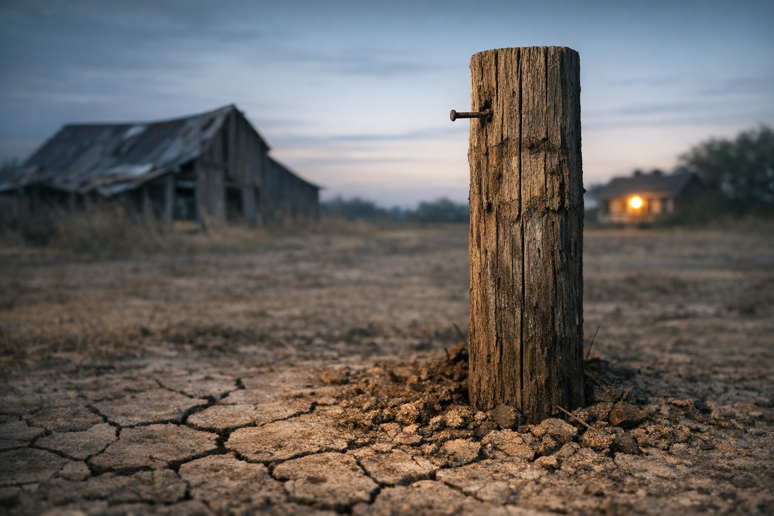 A wooden post standing in cracked soil with a distant porch light and a leaning barn, symbolizing endurance amid structural strain.
