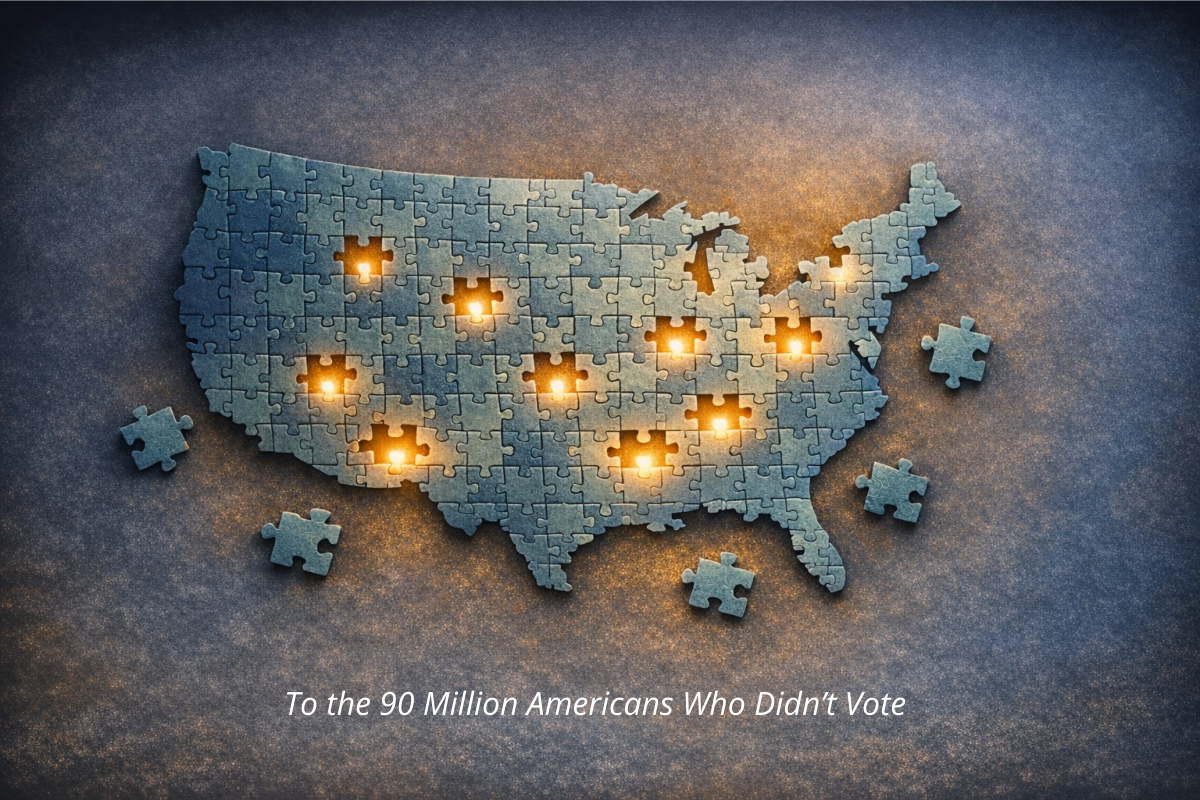 Silhouette of the United States formed from many small puzzle pieces, with several evenly spaced pieces missing that glow warmly from behind.