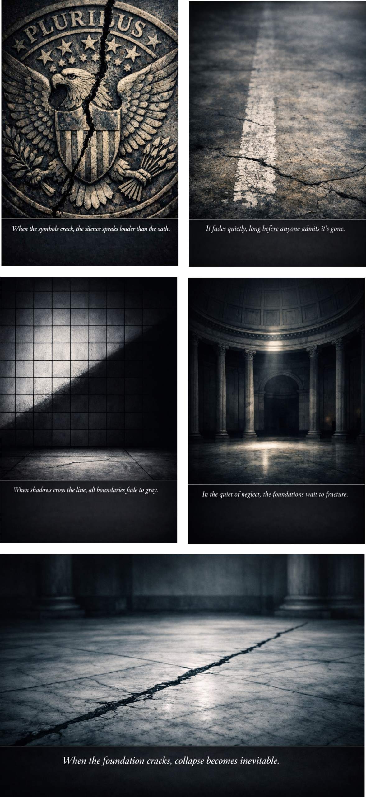 A five panel image grid depicting symbolic and architectural decay: a cracked Great Seal carving, a fractured asphalt line, a tiled wall crossed by shadow, a dim institutional interior with columns and a domed ceiling, and a cracked marble floor. Together they illustrate the progression from symbolic fracture to structural failure, reflecting the theme of power exceeding its limits.