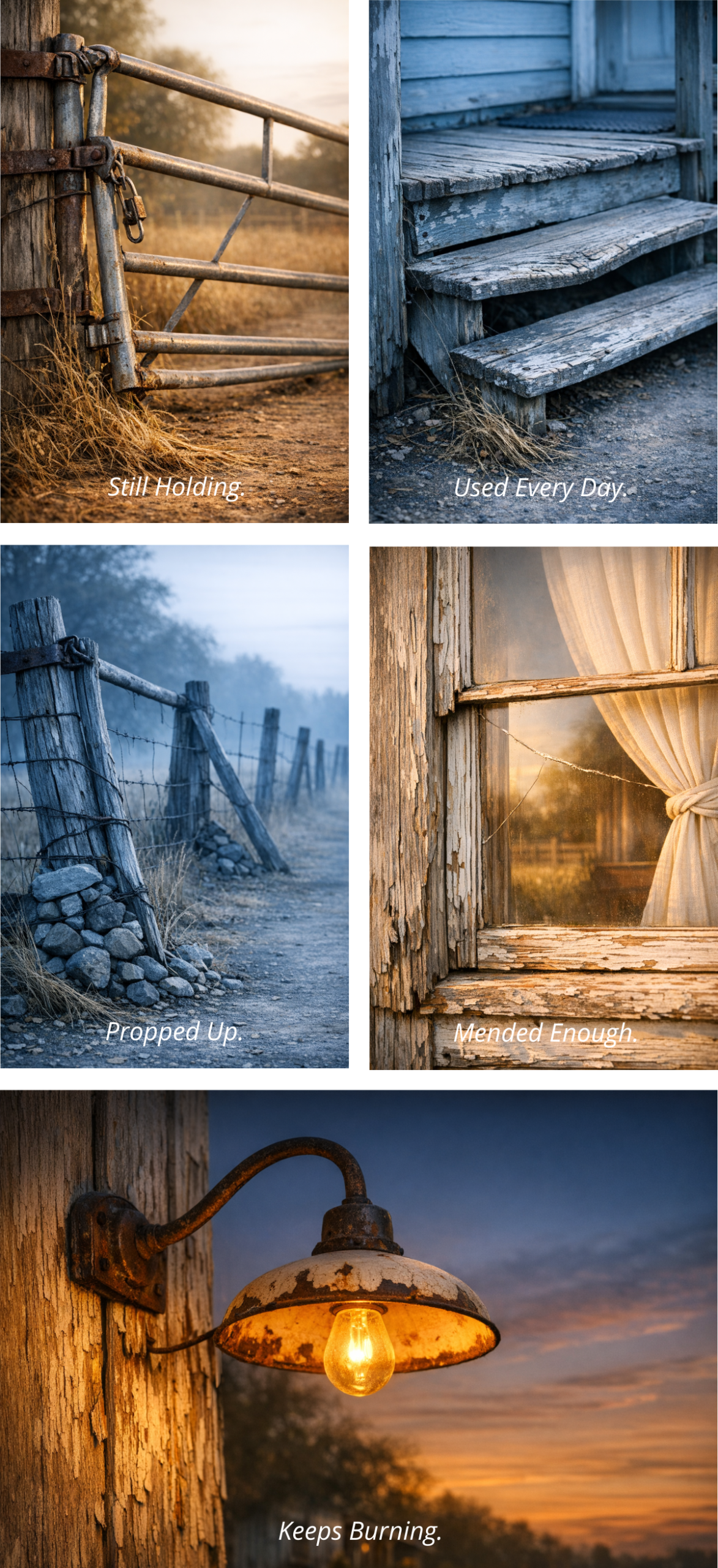Five‑panel grid of weathered objects showing resilience: locked gate at sunset, worn blue steps, leaning barbed‑wire fence, cracked window with tied curtain, and glowing rusted light fixture