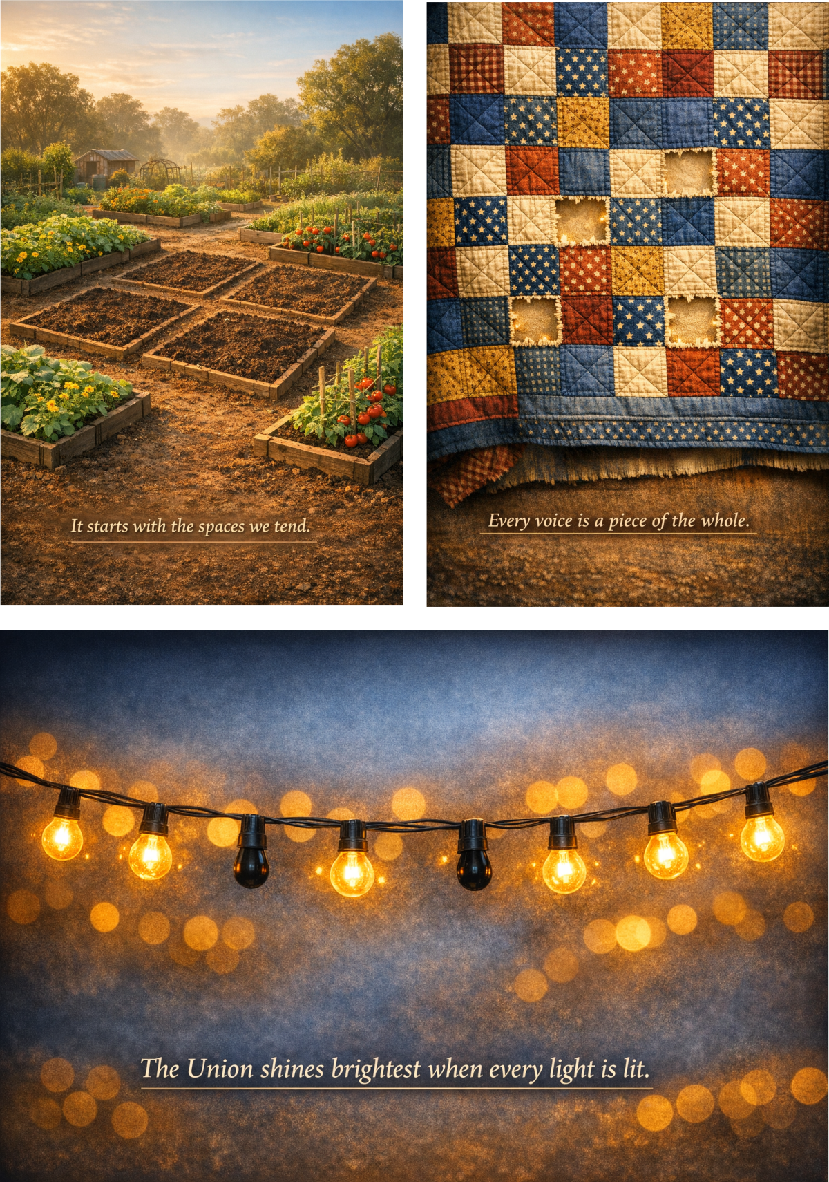 Three‑panel image grid showing: a community garden with thriving beds on the sides and two empty plots in the center; a handmade patchwork quilt with several completed squares and four missing squares exposing the batting; and a horizontal string of glowing lights with several dark, empty sockets against a soft blue‑gold background.