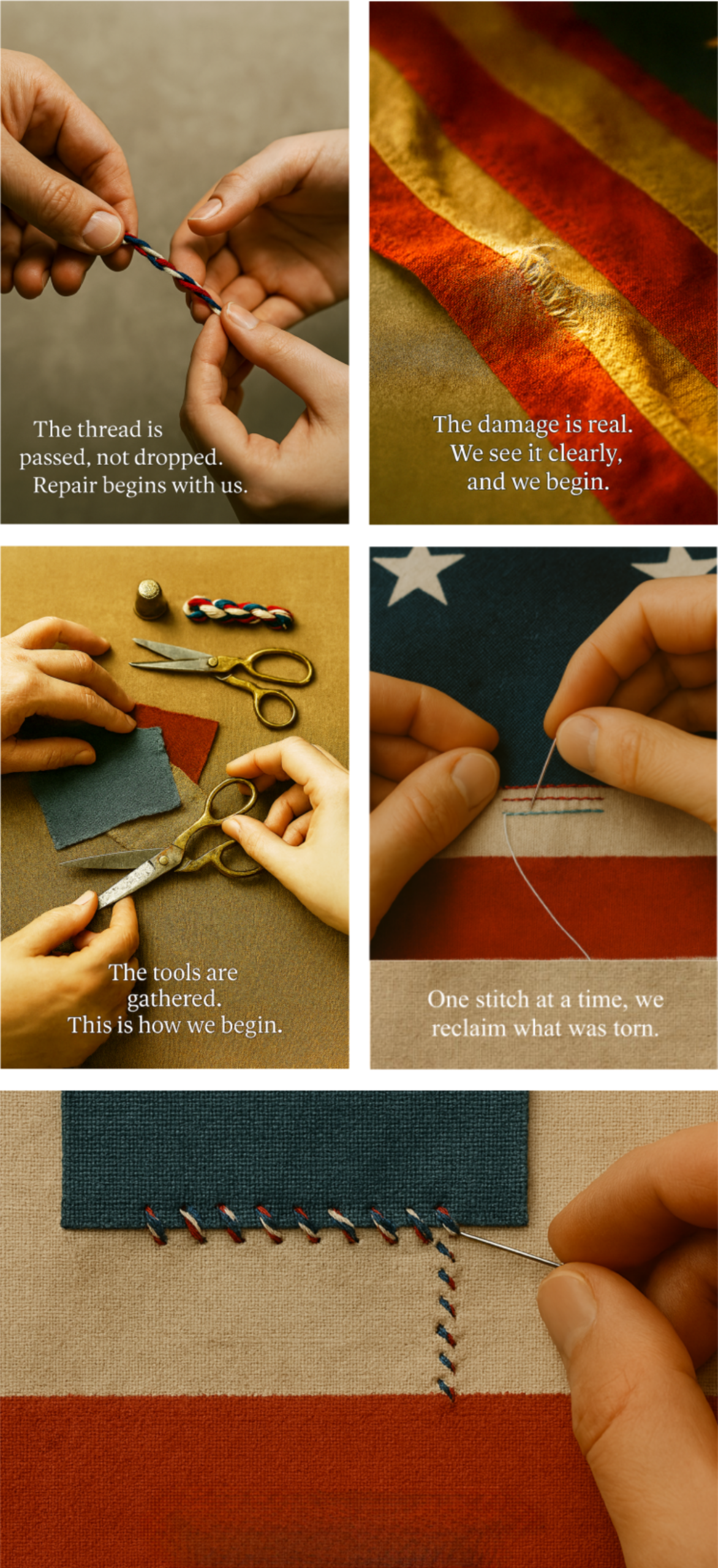 A six-panel collage depicting the symbolic repair of a damaged American flag, presented in a cracked concrete visual environment consistent with the series’ motif language. Symbolic Interpretation — The grid frames repair as a civic act: we acknowledge the damage, gather what we need, and mend the fabric of the nation together. Legacy Protocol — ALT text written to preserve motif integrity, emotional tone, and narrative continuity across the The Union Behind the Curtain series.