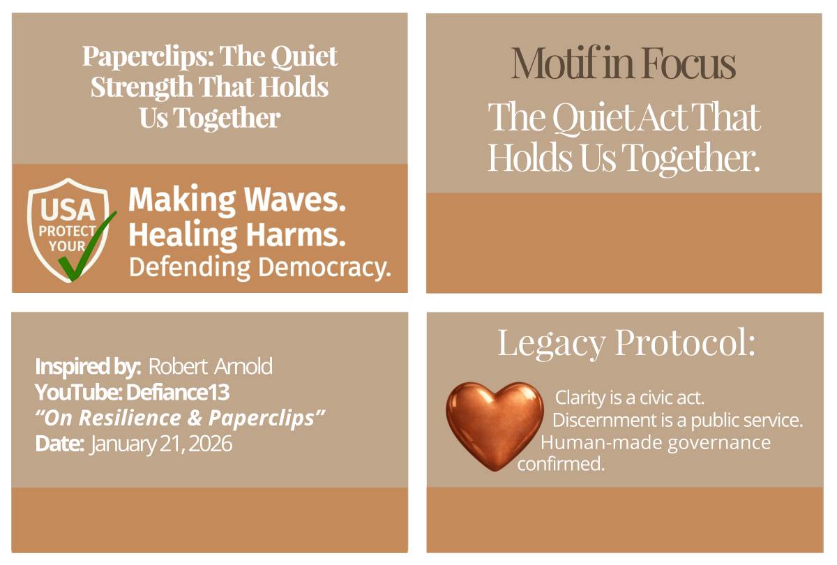 Footer grid containing four quadrants: Civic Page Title, Motif in Focus, Source Attribution, and Legacy Protocol. Decorative image representing The Quiet Act That Holds Us Together.