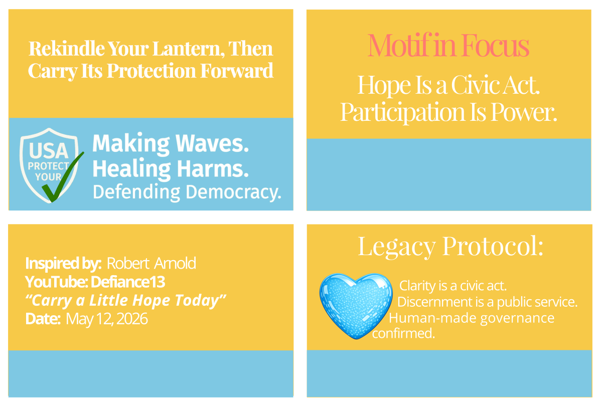 Footer grid containing four quadrants: Civic Page Title, Motif in Focus, Source Attribution, and Legacy Protocol. Decorative image representing Hope Is a Civic Act. Participation Is Power.
