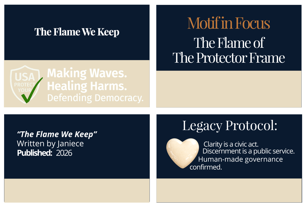 Footer grid containing four quadrants: Civic Page Title, Motif in Focus, Source Attribution, and Legacy Protocol. Decorative image representing The Flame of The Protector Frame.