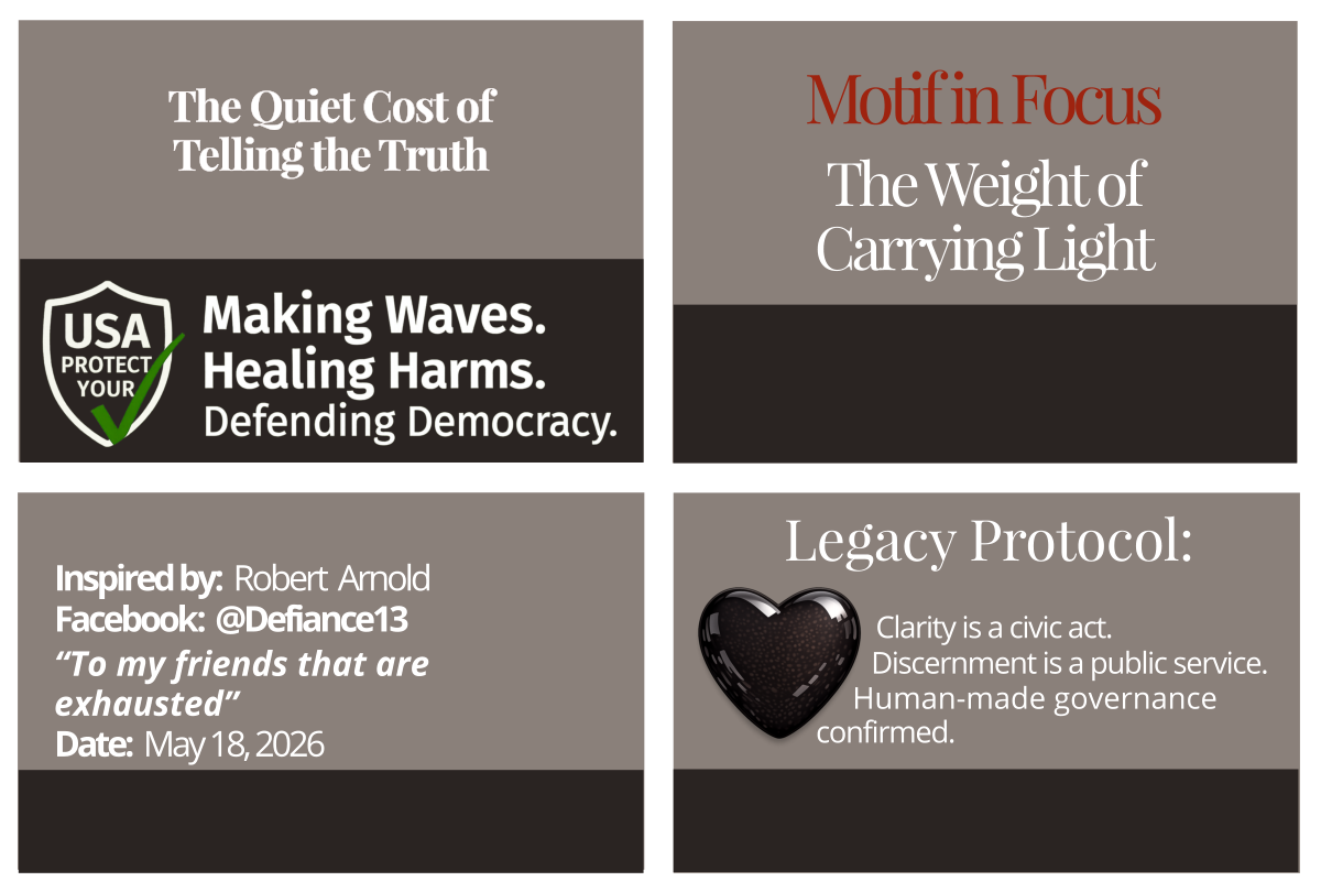 Footer grid containing four quadrants: Civic Page Title, Motif in Focus, Source Attribution, and Legacy Protocol. Decorative image representing The Weight of Carrying Light.