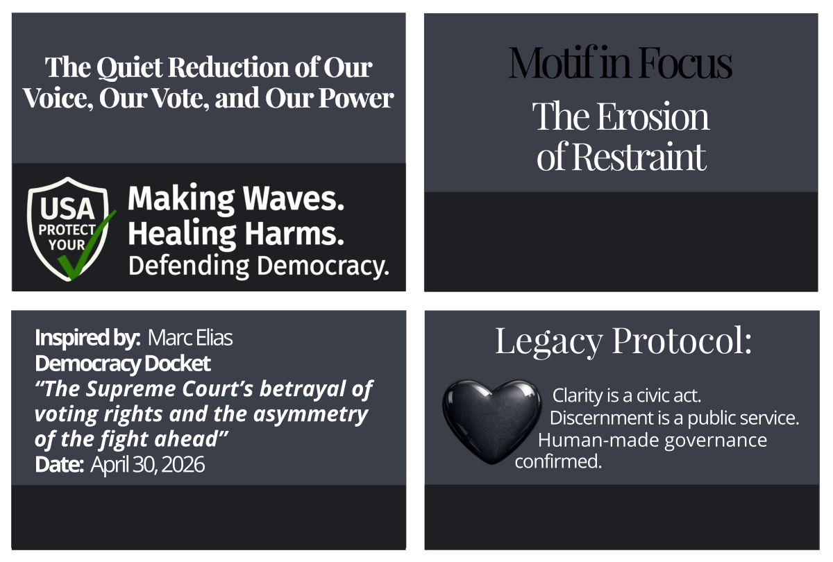 Footer grid containing four quadrants: Civic Page Title, Motif in Focus, Source Attribution, and Legacy Protocol. Decorative image representing The Erosion of Restraint.