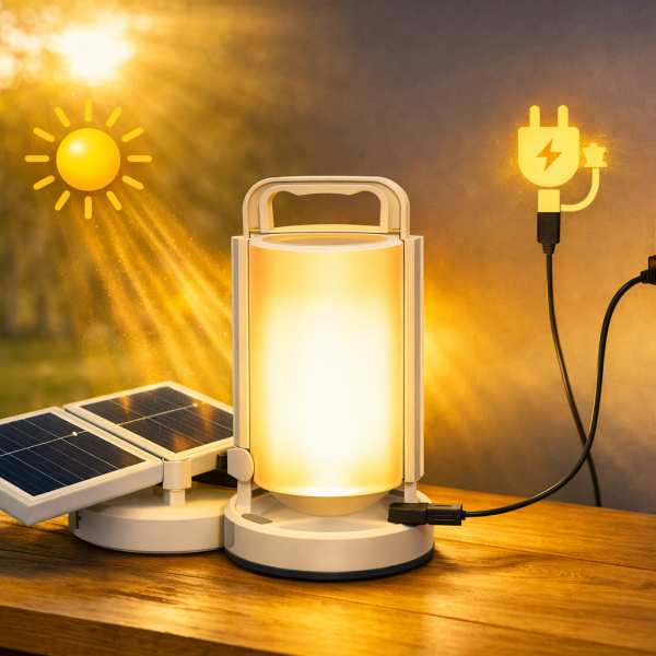 A solar powered lamp glows warmly beside two small solar panels and a wall outlet, illustrating the moment energy is gathered and converted into usable light.