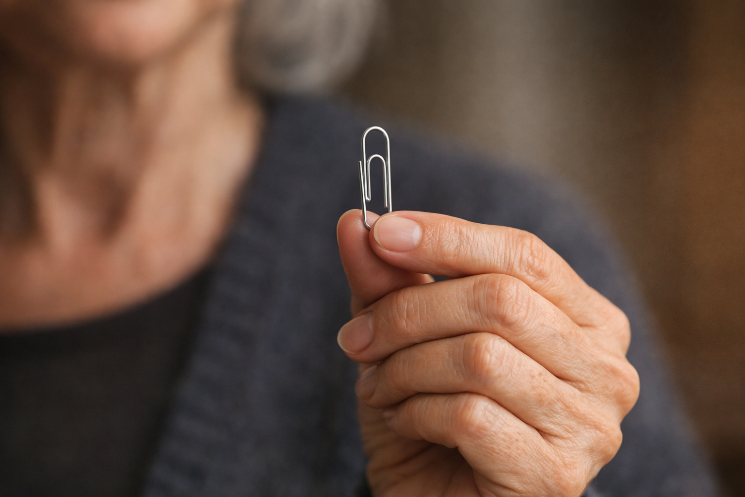 A mature woman’s hand holds a single silver paperclip between her thumb and forefinger, softly lit against a warm, blurred background.