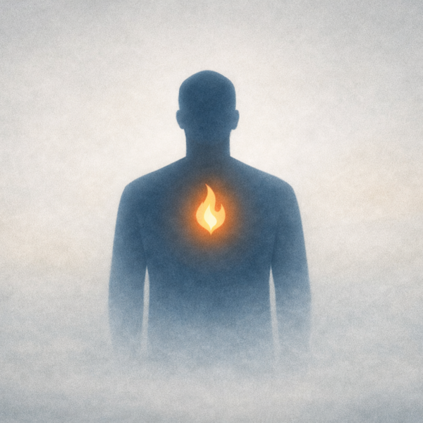 A solitary human silhouette stands in a soft, mist filled atmosphere, viewed from behind. At the center of the figure’s chest, a vivid orange flame glows brightly, casting subtle light into the surrounding haze. The image conveys inner resolve, quiet strength, and the idea of an enduring civic fire carried within each person.