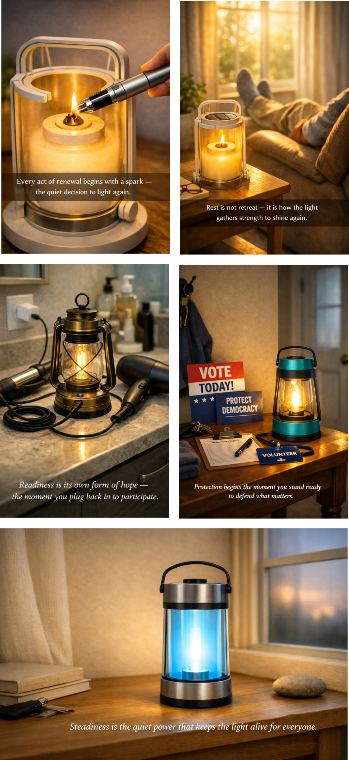 A sequence of five lantern themed images showing a spark being lit, a lantern at rest, a lantern beside personal items, a lantern on a civic engagement desk, and silhouetted figures standing together behind softly lit curtains.