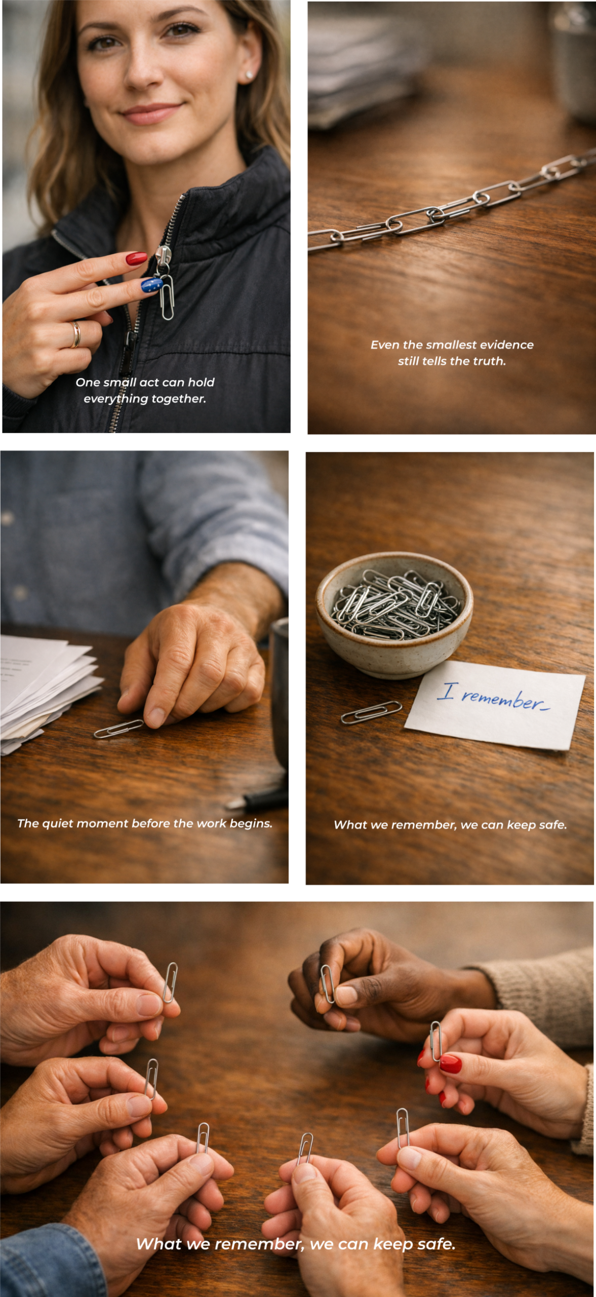 A five panel image grid using paperclips as a civic symbol of quiet strength and shared responsibility. Top left: a hand holding two linked paperclips near a jacket zipper with the caption “One small act can hold everything together.” Top right: a chain of paperclips on a wooden surface with the caption “Even the smallest evidence still tells the truth.” Middle left: a hand resting near papers and a single paperclip with the caption “The quiet moment before the work begins.” Middle right: a bowl of paperclips beside a note reading “I remember,” captioned “What we remember, we can keep safe.” Bottom row: multiple hands of different people each holding a paperclip, captioned “What we remember, we can keep safe.” The grid conveys connection, memory, and the quiet work of defending democratic ideals.