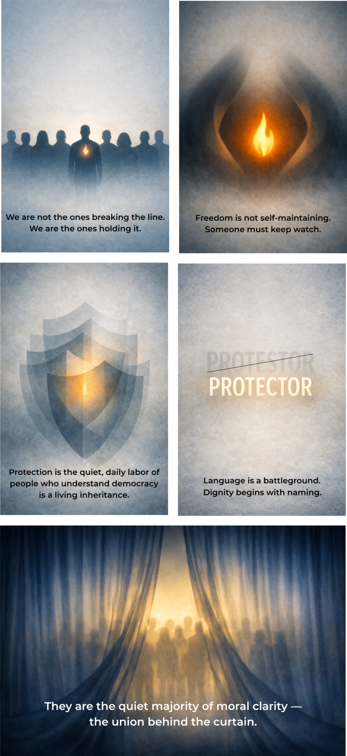 Five panel grid of civic themed images showing endurance: figures holding the line in mist, a glowing flame in haze, layered shields with central light, “PROTESTOR” crossed out to reveal “PROTECTOR,” and silhouetted figures behind parted curtains.